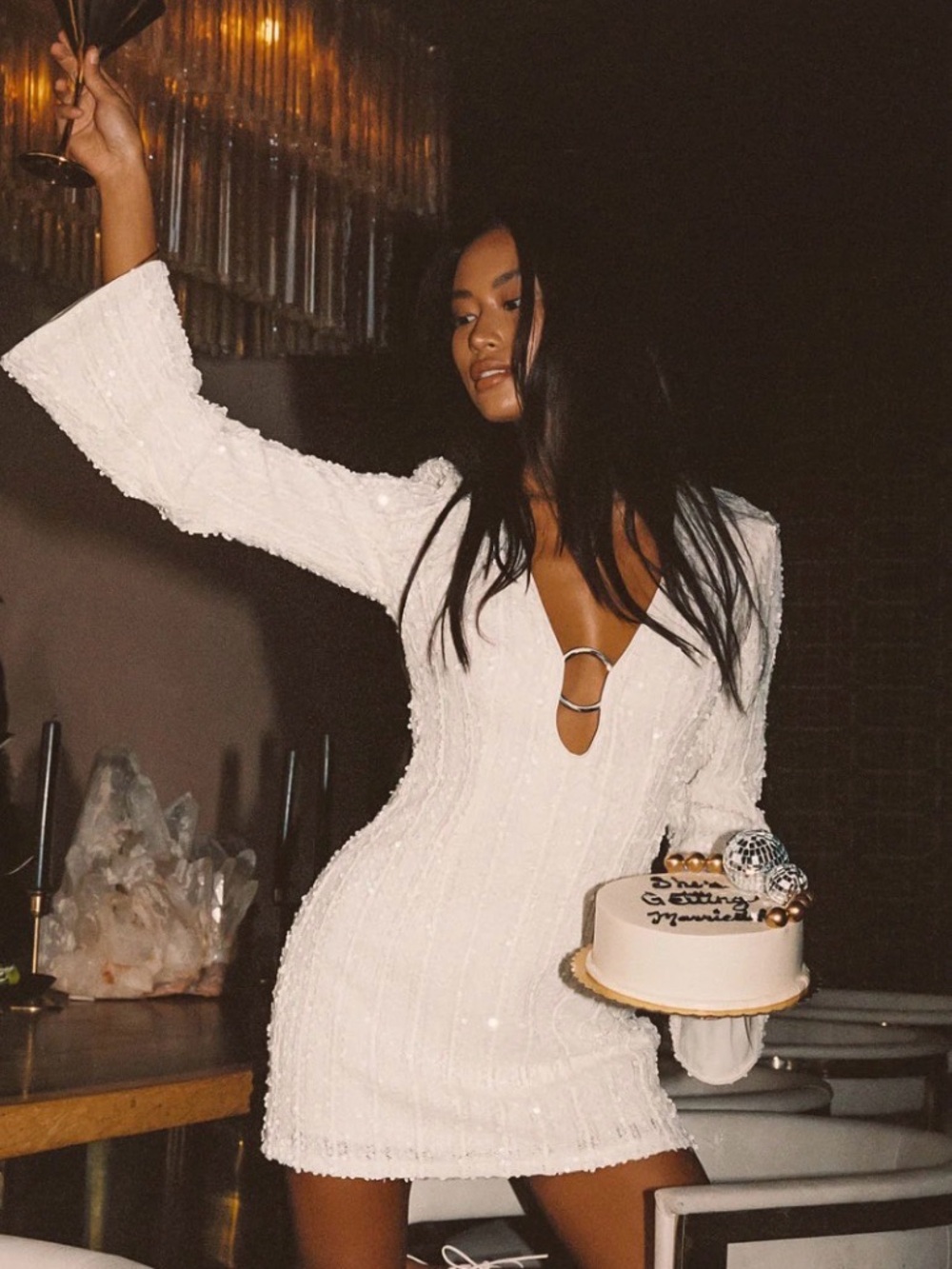 12th Tribe White Sequin Long-Sleeve Mini Dress with Plunge Ring